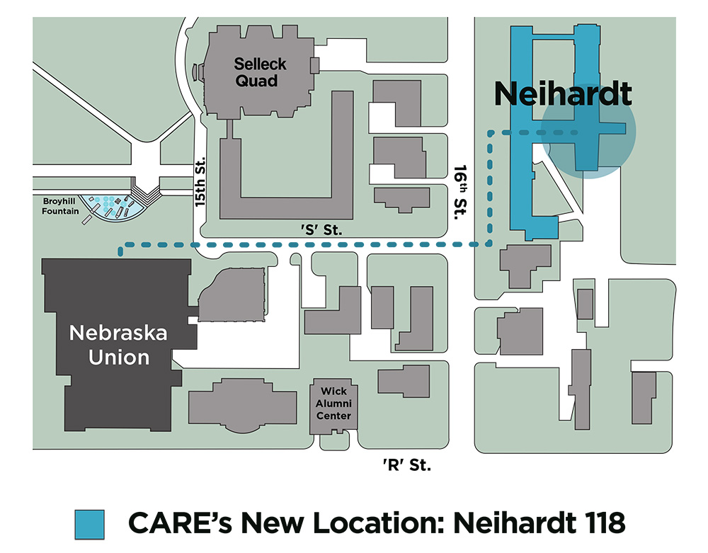A map indicating that Care will be located at Neihardt 118